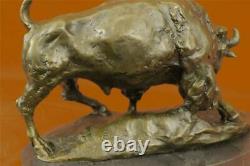 American Signed Buffalo Bull Bronze Sculpture By On Marble Base Figure Art