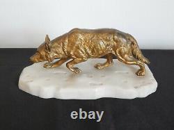 Ancienne Sculpture Bronze Dog Wolf On Marble Socle Signed Dlabrierre