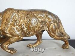Ancienne Sculpture Bronze Dog Wolf On Marble Socle Signed Dlabrierre