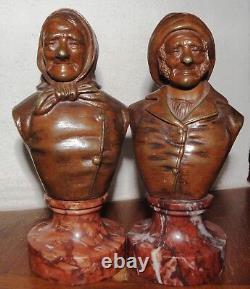 Ancient BRONZE signed WAAGEN, Old FISHERMEN Couple, marble base, paperweight