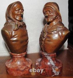 Ancient BRONZE signed WAAGEN, Old FISHERMEN Couple, marble base, paperweight