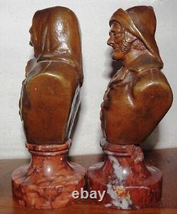 Ancient BRONZE signed WAAGEN, Old FISHERMEN Couple, marble base, paperweight