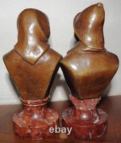 Ancient BRONZE signed WAAGEN, Old FISHERMEN Couple, marble base, paperweight