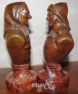 Ancient BRONZE signed WAAGEN, Old FISHERMEN Couple, marble base, paperweight