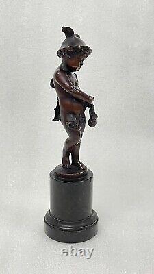 Ancient Bronze Classic Figure Statue Young Mercury Marble Base Signed