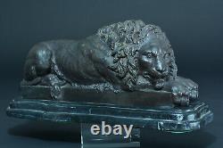 Ancient Lion Couched In Bronze Feline Animier Signed Bonheur Paris Marble Base