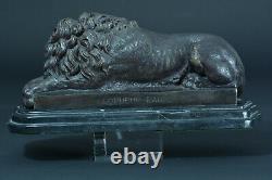 Ancient Lion Couched In Bronze Feline Animier Signed Bonheur Paris Marble Base