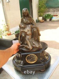 Ancient Marble Bronze Clock Signed JAMES PRADIER Statue 1790-1852 Pieta