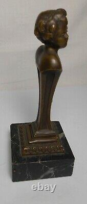 Ancient Seal Cachet Statue Young Bronze Woman Signee Roland With Marble Base