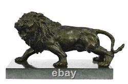 Angry Roaring Lion Signed Barye Bronze Marble Sculpture Statue Decor