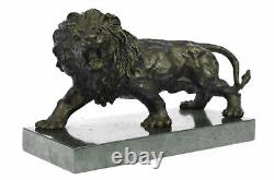 Angry Roaring Lion Signed Barye Bronze Marble Sculpture Statue Decor