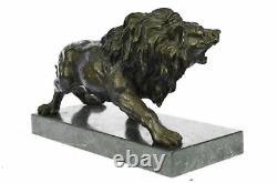 Angry Roaring Lion Signed Barye Bronze Marble Sculpture Statue Decor