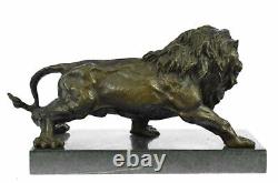 Angry Roaring Lion Signed Barye Bronze Marble Sculpture Statue Decor