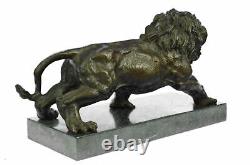 Angry Roaring Lion Signed Barye Bronze Marble Sculpture Statue Decor