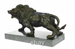 Angry Roaring Lion Signed Barye Bronze Marble Sculpture Statue Decor