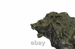 Angry Roaring Lion Signed Barye Bronze Marble Sculpture Statue Decor