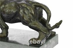 Angry Roaring Lion Signed Barye Bronze Marble Sculpture Statue Decor