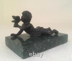 Antique Basic Figure Signed Cherubin In Bronze Speaking With Marble Green Bird Signed In French