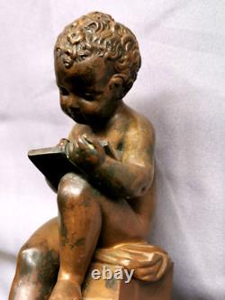 Antique Bronze Inkwell signed LEMIRE SUSSE BROTHERS and Marble. Cherub Love