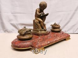 Antique Bronze Inkwell signed LEMIRE SUSSE BROTHERS and Marble. Cherub Love