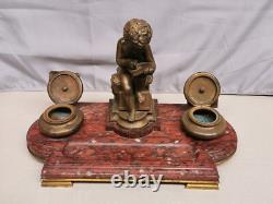 Antique Bronze Inkwell signed LEMIRE SUSSE BROTHERS and Marble. Cherub Love