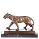 Antique Bronze Sculpture Of Lioness On Black Marble Signed