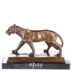 Antique Bronze Sculpture of Lioness on Black Marble Signed