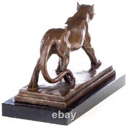 Antique Bronze Sculpture of Lioness on Black Marble Signed