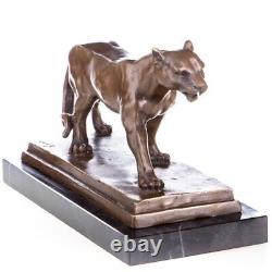 Antique Bronze Sculpture of Lioness on Black Marble Signed