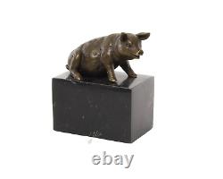 Antique Bronze Sculpture of a Sitting Pig on Black Marble Signed