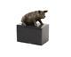 Antique Bronze Sculpture Of A Sitting Pig On Black Marble Signed