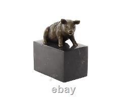 Antique Bronze Sculpture of a Sitting Pig on Black Marble Signed