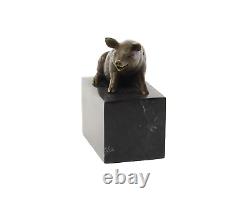 Antique Bronze Sculpture of a Sitting Pig on Black Marble Signed