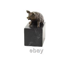 Antique Bronze Sculpture of a Sitting Pig on Black Marble Signed