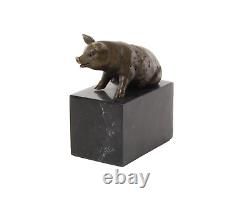 Antique Bronze Sculpture of a Sitting Pig on Black Marble Signed