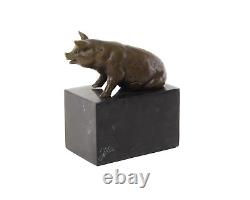 Antique Bronze Sculpture of a Sitting Pig on Black Marble Signed