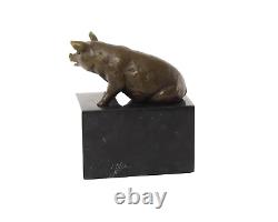 Antique Bronze Sculpture of a Sitting Pig on Black Marble Signed