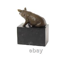 Antique Bronze Sculpture of a Sitting Pig on Black Marble Signed