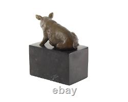 Antique Bronze Sculpture of a Sitting Pig on Black Marble Signed