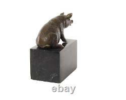 Antique Bronze Sculpture of a Sitting Pig on Black Marble Signed