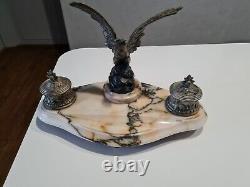 Antique Ink On Marble Base Signed Melotte With An Eagle Holding A Snake