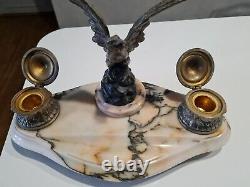 Antique Ink On Marble Base Signed Melotte With An Eagle Holding A Snake