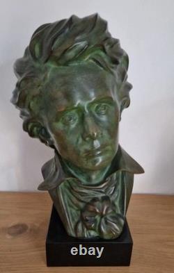 Antique bronze bust statue of Beethoven, signed Charles, marble base, H34 cm, 12 kg