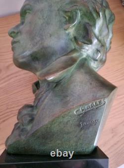 Antique bronze bust statue of Beethoven, signed Charles, marble base, H34 cm, 12 kg
