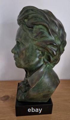 Antique bronze bust statue of Beethoven, signed Charles, marble base, H34 cm, 12 kg