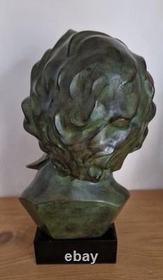 Antique bronze bust statue of Beethoven, signed Charles, marble base, H34 cm, 12 kg