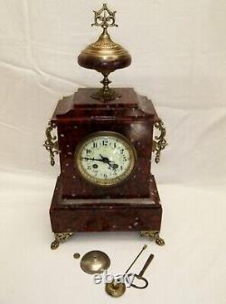 Antique marble and bronze Napoleon III clock with signed fireplace trim