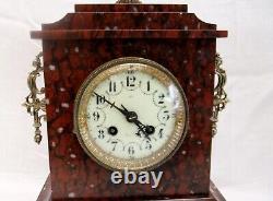 Antique marble and bronze Napoleon III clock with signed fireplace trim