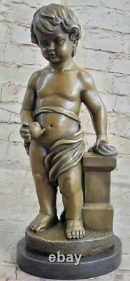 Art Deco Bronze Chair Young Boy Sculpture Signed Nouveau Marble Figurine