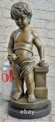 Art Deco Bronze Chair Young Boy Sculpture Signed Nouveau Marble Figurine